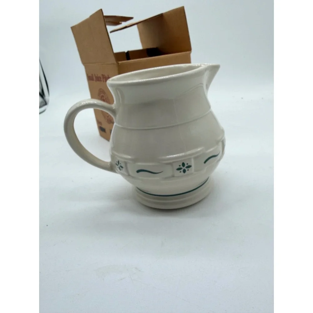 Longaberger Pottery Heritage Green Small Juice Pitcher Cream Ceramic Stoneware
